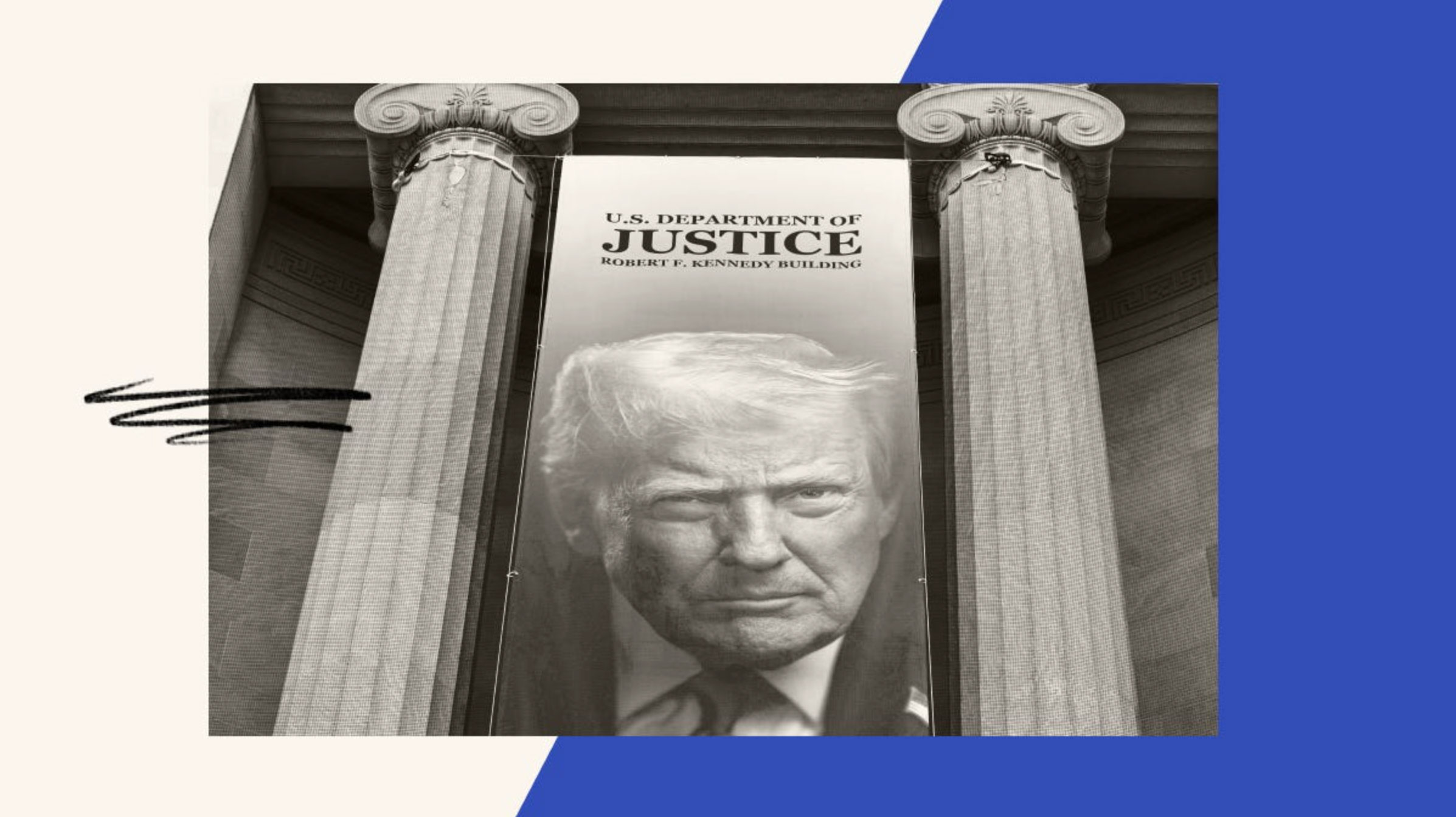 A banner of President Trump hangs across the columns of the Robert F. Kennedy Department of Justice Building in Washington, D.C.